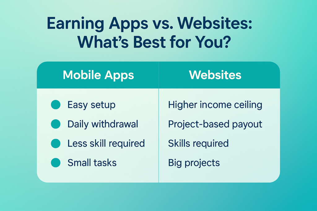 comparison infographic of mobile earning apps and websites in Pakistan showing differences in setup, income, and skill requirements
