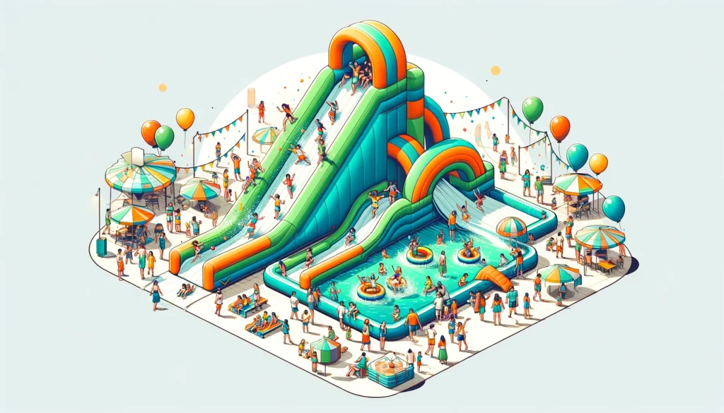 Inflatable water slide with kids at outdoor event, symbolizing fun and entertainment.