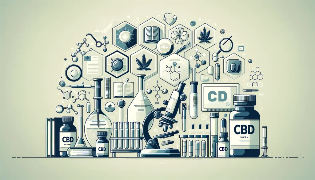 Illustration depicting scientific research on CBD, including scientific books, lab equipment, and CBD products like oils and capsules, conveying credibility and trustworthiness.