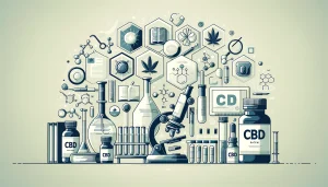 Illustration depicting scientific research on CBD, including scientific books, lab equipment, and CBD products like oils and capsules, conveying credibility and trustworthiness.